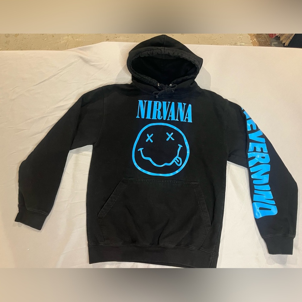Nirvana Black Hoodie with Blue Graphic Nevermind On the Sleeve Size Small